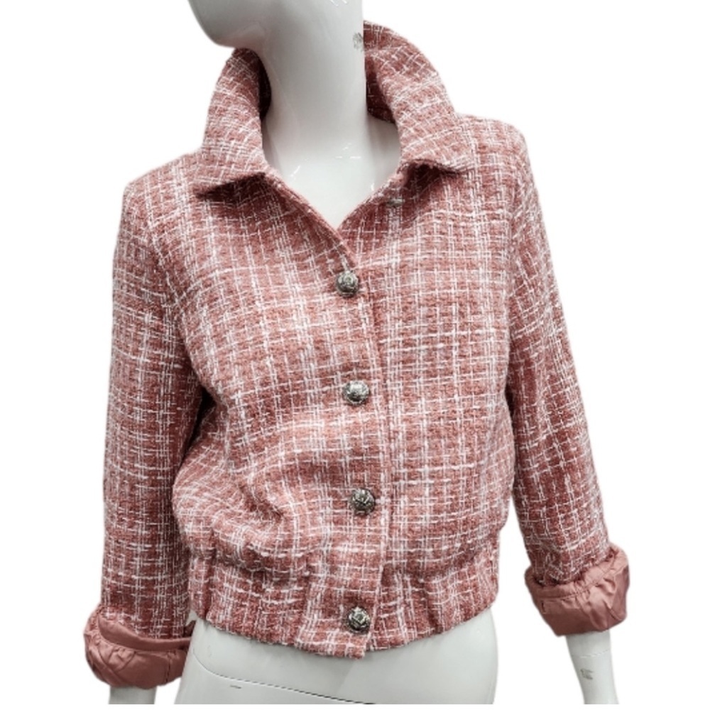 NWT Walter Baker Cropped Pink & White Tweed Moto Jacket - Picture 1 of 6